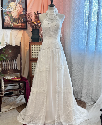 Vintage lace high collar off-shoulder waist white wedding dress P2908