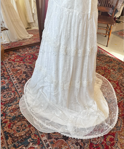 Vintage lace high collar off-shoulder waist white wedding dress P2908