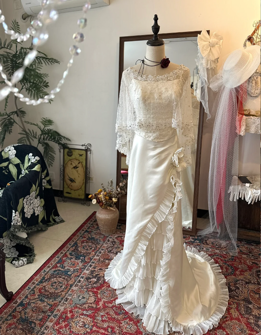 Vintage zipper sling beaded wave organza high slit small train satin wedding dress P2910