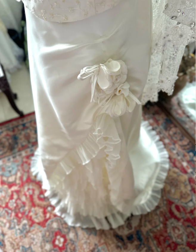 Vintage zipper sling beaded wave organza high slit small train satin wedding dress P2910