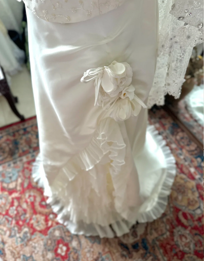 Vintage zipper sling beaded wave organza high slit small train satin wedding dress P2910