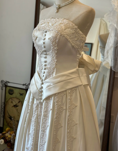 Vintage Strapless Heavy Beaded Cream Floor-Length Wedding Dress P2912