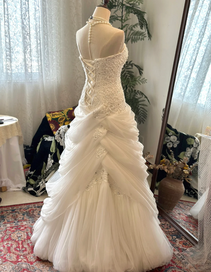 Vintage White Tube Top Embroidered Cloud Tulle Floor-Length Wedding Dress P2913