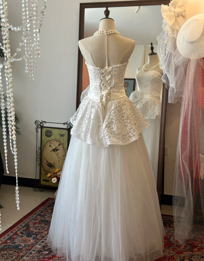 Elegant sweetheart neckline lace and tulle patchwork waist-length A-line wedding dress P2916