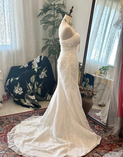 French Retro Strapless Lace Mermaid Wedding Dress P2917