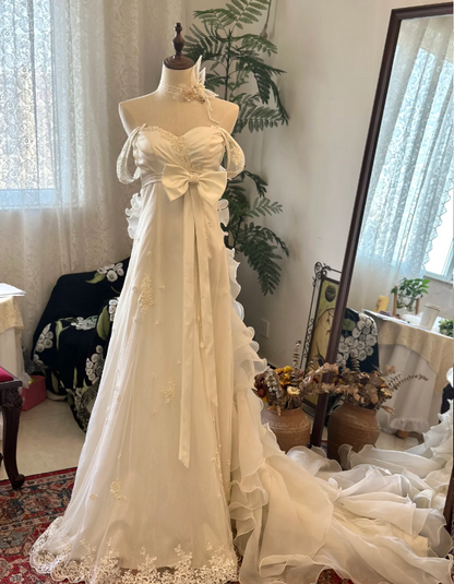 Elegant white off-shoulder bow chiffon lace wedding dress with train P2918