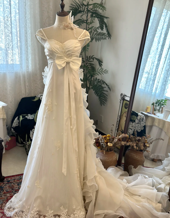 Elegant white off-shoulder bow chiffon lace wedding dress with train P2918