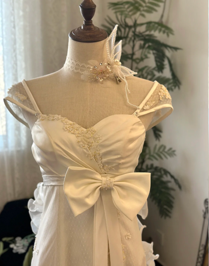 Elegant white off-shoulder bow chiffon lace wedding dress with train P2918