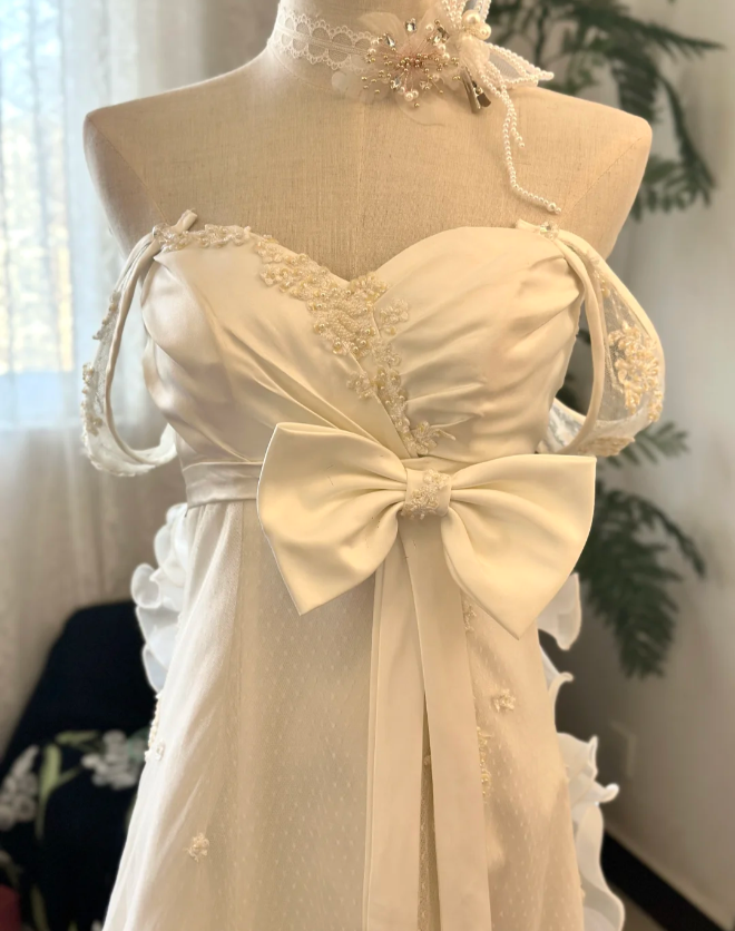 Elegant white off-shoulder bow chiffon lace wedding dress with train P2918
