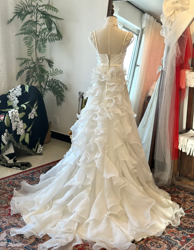 Elegant white off-shoulder bow chiffon lace wedding dress with train P2918