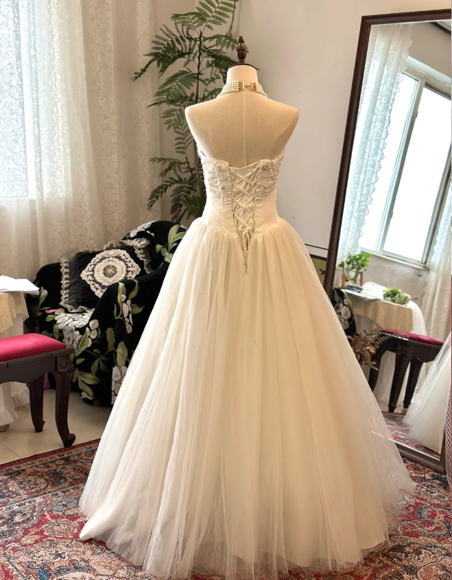 Elegant and simple sweetheart neckline satin tulle splicing back tie floor-length wedding dress P2921
