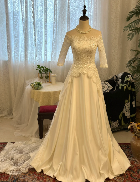 Retro Elegant One Shoulder Mid-Length Sleeve Lace Satin Wedding Dress with Train P2923