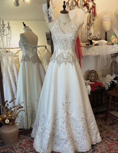 Vintage Halter Neck Silver Thread Beaded Satin Train Wedding Dress P2926