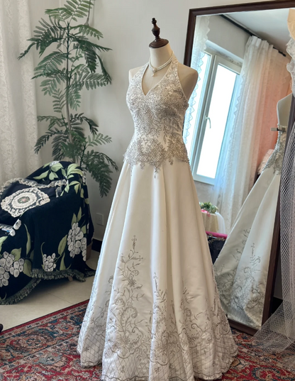 Vintage Halter Neck Silver Thread Beaded Satin Train Wedding Dress P2926