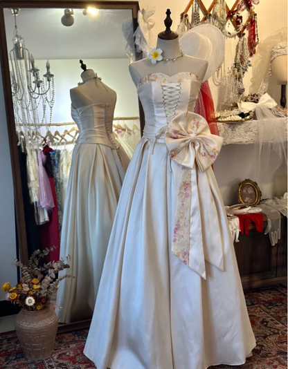 French style elegant sweetheart neckline pink waist bow tie floor-length satin wedding dress P2931