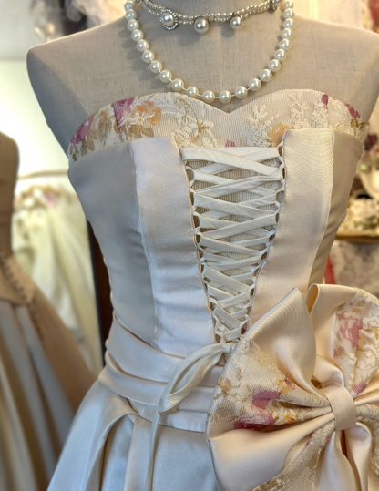 French style elegant sweetheart neckline pink waist bow tie floor-length satin wedding dress P2931