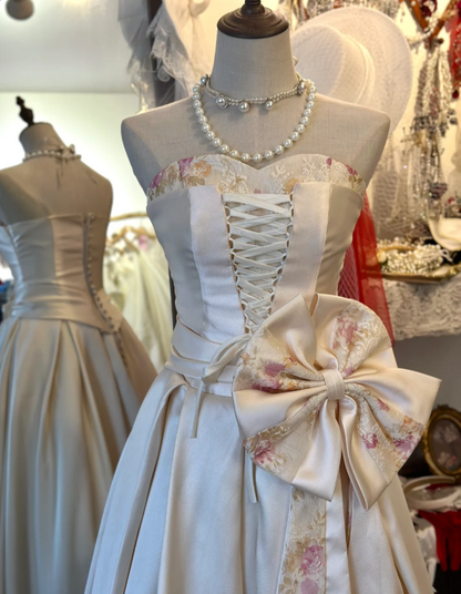 French style elegant sweetheart neckline pink waist bow tie floor-length satin wedding dress P2931