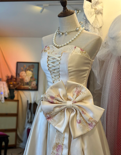 French style elegant sweetheart neckline pink waist bow tie floor-length satin wedding dress P2931