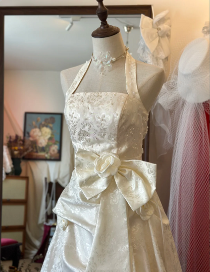 White Elegant Halter Neck Dark Pattern 3D Flower Satin Wedding Dress P2933