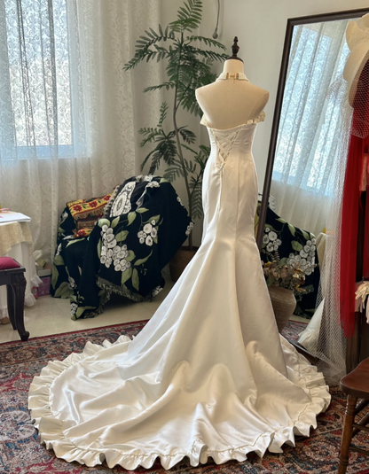 Dreamy Waltz Tie-Strap Herringbone Strapless Satin Train Wedding Dress P2935