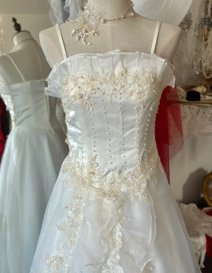 Gentle retro vintage sling ruffled wedding dress P2937