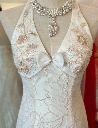 Elegant Mermaid Halter Neck Fitted Layered Tulle Floor-Length Wedding Dress P2938