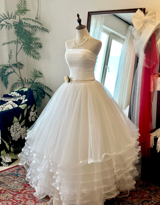 Princess Alice White Strapless Layered Tulle Puffy Floor-Length Wedding Dress P2939