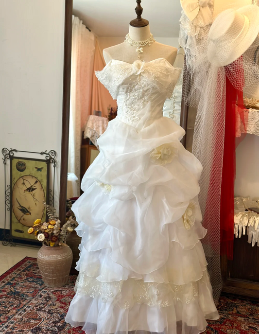 Romantic and gentle one-shoulder 3D flower tulle floor-length wedding dress P2940