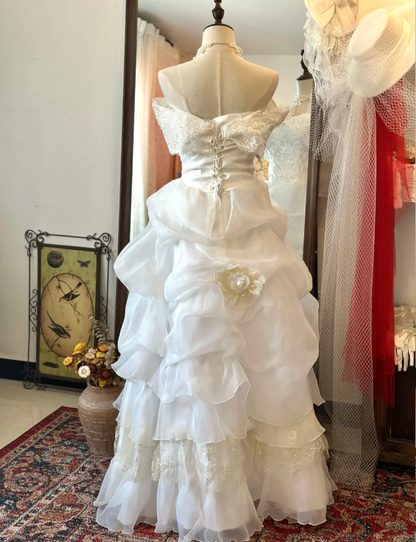 Romantic and gentle one-shoulder 3D flower tulle floor-length wedding dress P2940