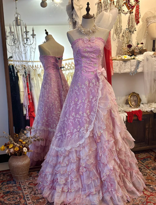 Vintage Purple Strapless Floral Ruffles Floor-Length Wedding Dress P2941