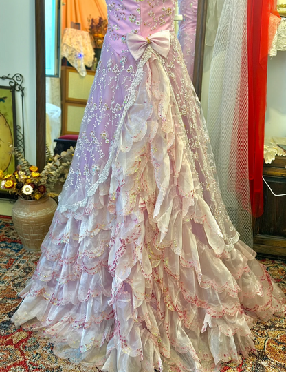 Vintage Purple Strapless Floral Ruffles Floor-Length Wedding Dress P2941