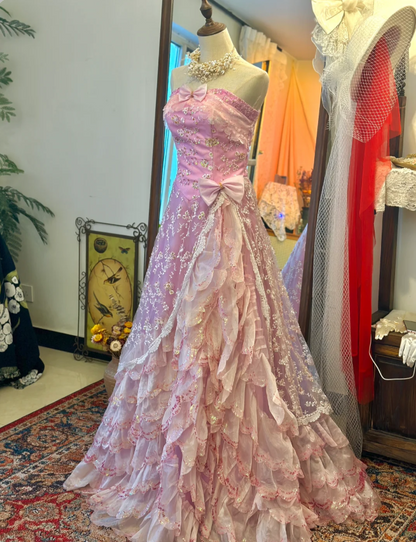 Vintage Purple Strapless Floral Ruffles Floor-Length Wedding Dress P2941