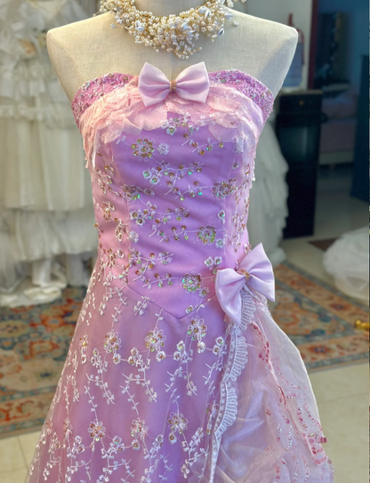 Vintage Purple Strapless Floral Ruffles Floor-Length Wedding Dress P2941