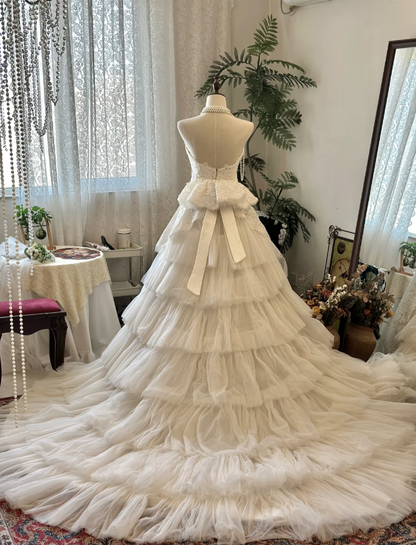 A-line sweetheart neckline lace and tulle wedding dress with train P2942