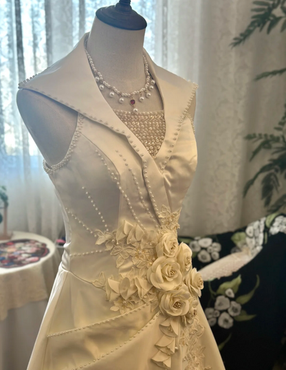 Vintage V-neck White Backless 3D Flower Beaded Embroidery Satin Floor-length Wedding Dress P2943