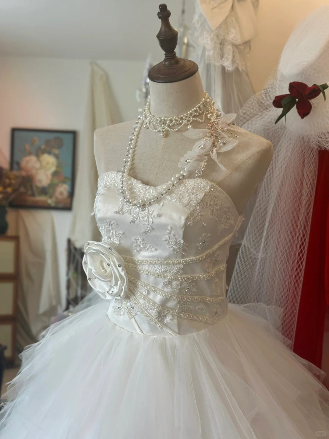 Elegant White Sweetheart Neck Layered Tulle Cake Princess Floor-Length Wedding Dress P2944