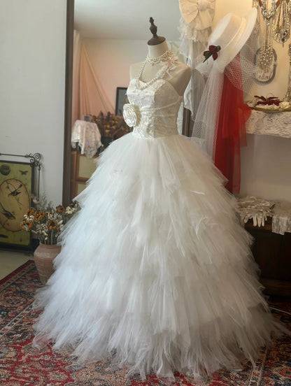 Elegant White Sweetheart Neck Layered Tulle Cake Princess Floor-Length Wedding Dress P2944