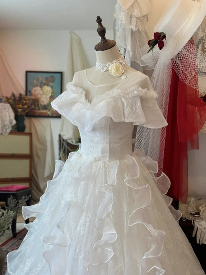 Princess One Shoulder Bag Shoulder A-Line Tulle Floor-Length Wedding Dress P2945