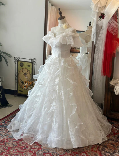 Princess One Shoulder Bag Shoulder A-Line Tulle Floor-Length Wedding Dress P2945