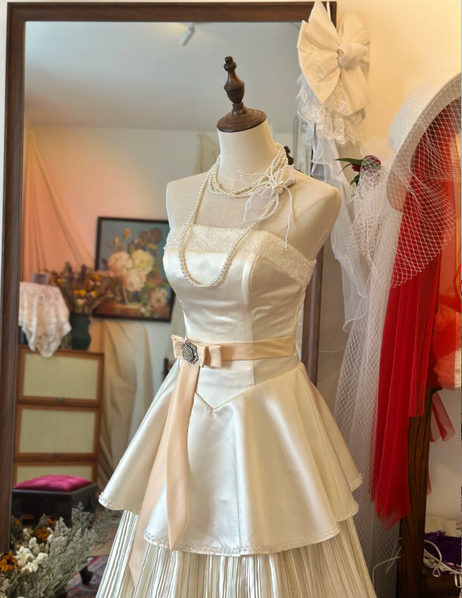 Elegant White Strapless Satin Beaded Princess Cake Floor-Length Wedding Dress P2946