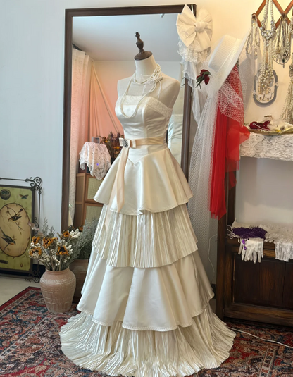 Elegant White Strapless Satin Beaded Princess Cake Floor-Length Wedding Dress P2946