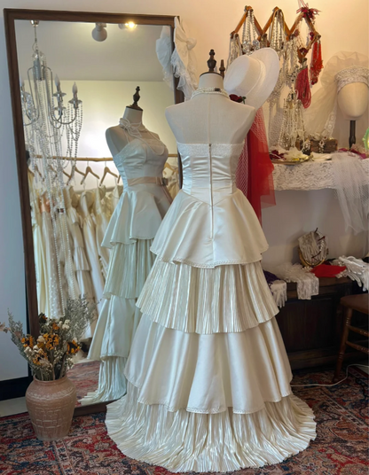 Elegant White Strapless Satin Beaded Princess Cake Floor-Length Wedding Dress P2946