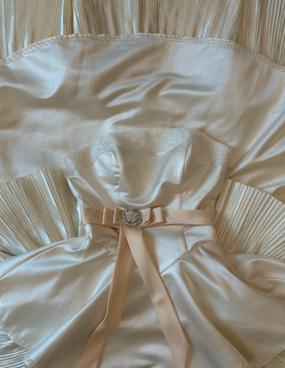 Elegant White Strapless Satin Beaded Princess Cake Floor-Length Wedding Dress P2946