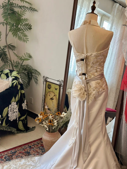 Vintage Thick Satin Embroidered Mermaid Sweetheart Neckline Wedding Dress P2947