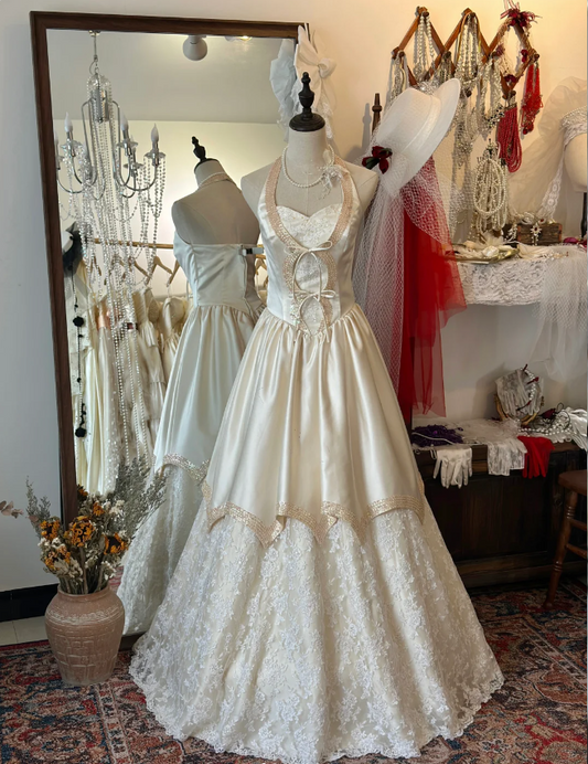 Special pink halter neck vintage satin and lace floor-length wedding dress P2948