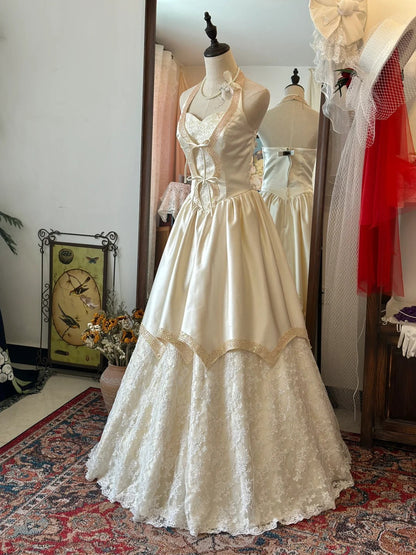 Special pink halter neck vintage satin and lace floor-length wedding dress P2948
