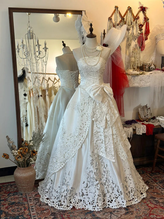 Princess Strapless Thick Satin Bowknot Hollow Design Back Tie Floor Length Wedding Dress P2950