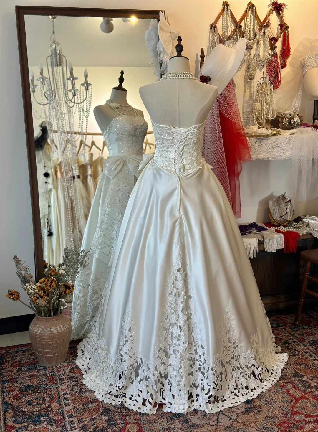 Princess Strapless Thick Satin Bowknot Hollow Design Back Tie Floor Length Wedding Dress P2950