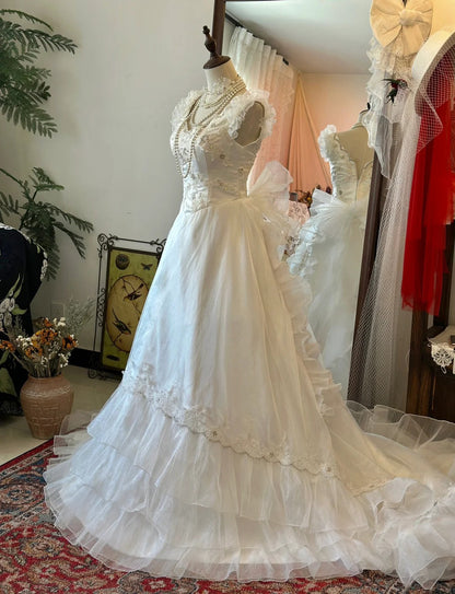 Shoulder Princess Bow Tulle Floor-Length Wedding Dress P2951