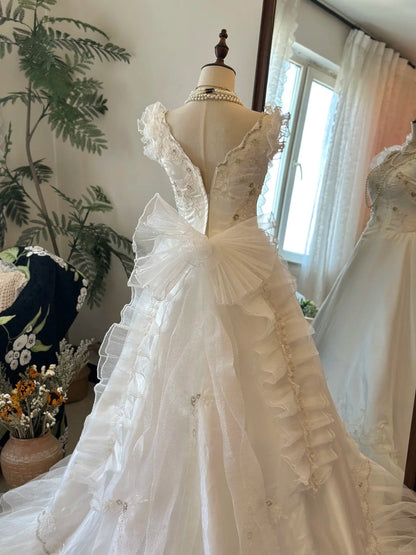 Shoulder Princess Bow Tulle Floor-Length Wedding Dress P2951